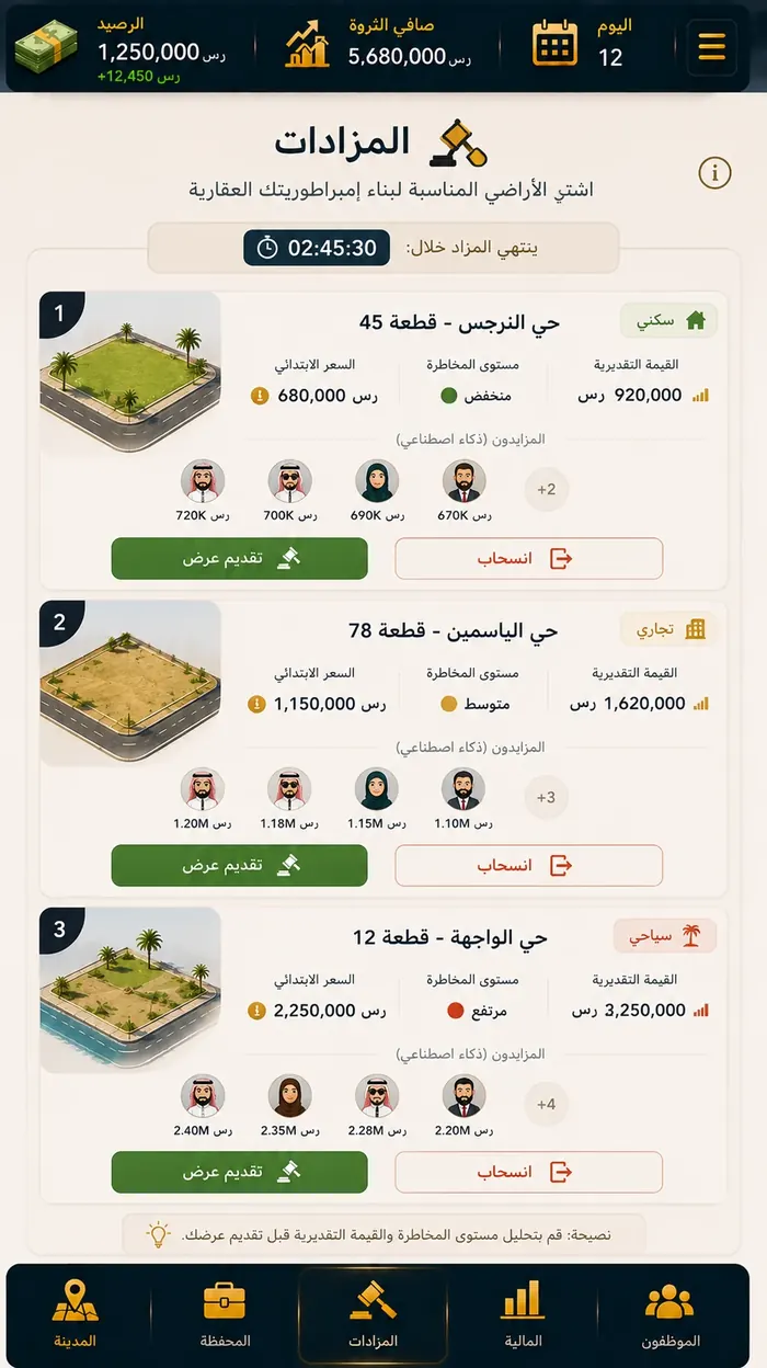 شاشة المزادات في لعبة إمبراطور العقار